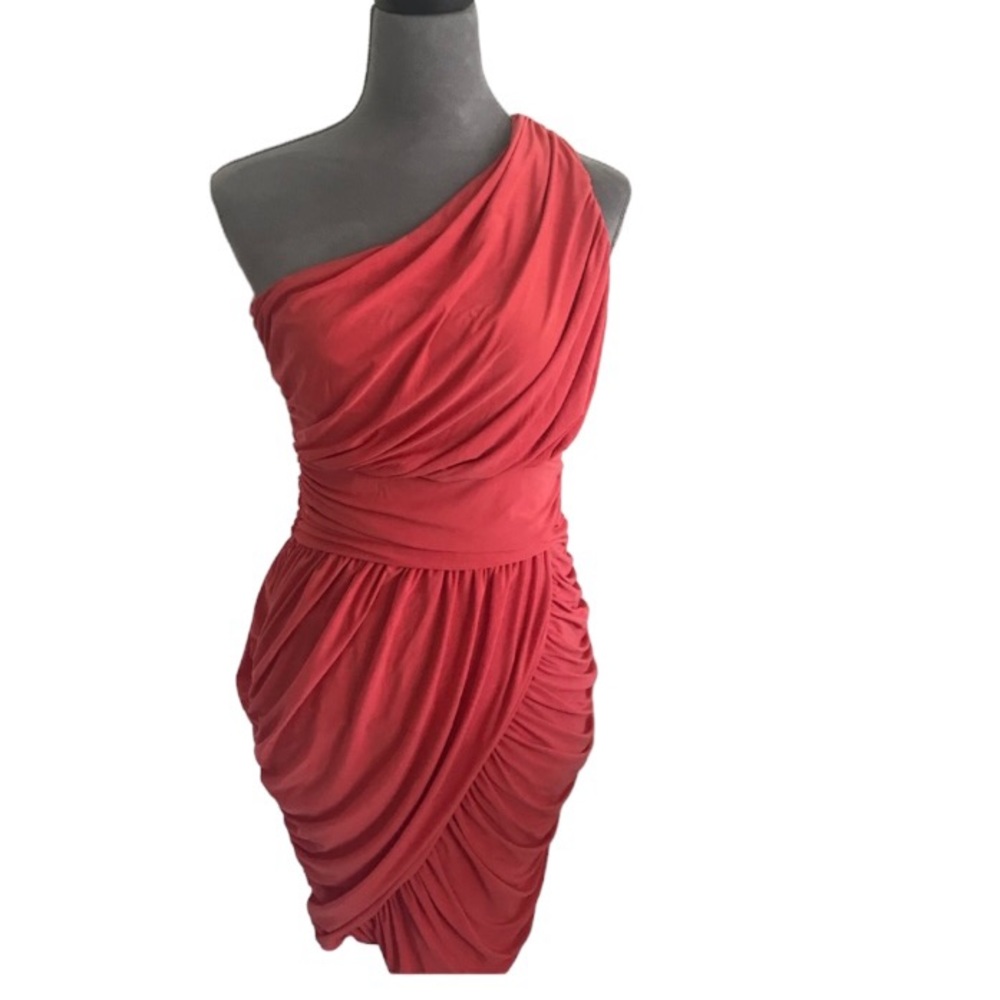 Soprano one shoulder ruched draped dress. Coral. Size M